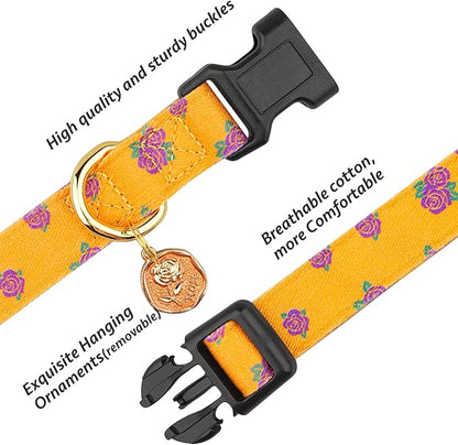 Cotton Handmade Dog Collar Cute and Distinctive Patterns Yellow Rose with Pendant for Girl Boy Dogs Collars M