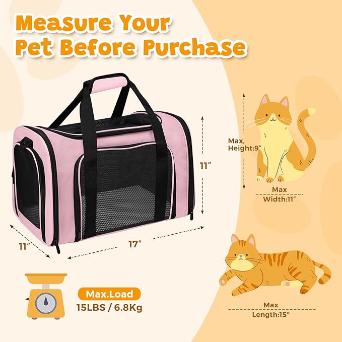 FOORLON Cat Carrier Soft for Pets Up to 15 Lbs, Cat Travel Bag Soft-Sided with Padded Shoulder Strap, Pet Dog Carriers for Small Dogs Travel Puppy Carry Airline Approved, Pink