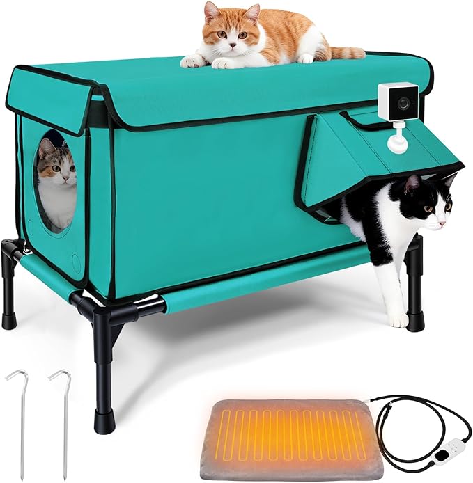 Heated Outdoor Cat House Weatherproof, Small/Large Insulated Cat House for Indoor, Winter Stray/Feral Cat Shelter (Green Cat Bed, Large-25.6"×16.5"×12")