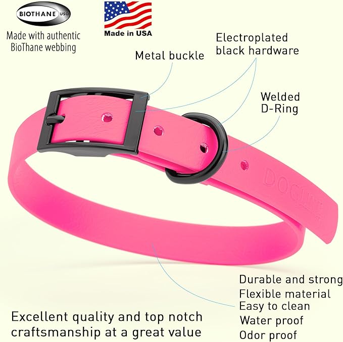 Dogline Biothane Waterproof Dog Collar Strong Coated Nylon Webbing with Black Hardware Odor- Proof for Easy Care Easy to Clean High Performance Fits Small Medium or Large Dogs, Passionfruit Pink