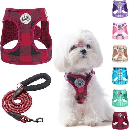 BEAUTYZOO Small Dog Harness and Leash Set, Step-in No Chock No Pull Soft Mesh Dog Harness Reflective for Extra-Small/Small Medium Puppy Dogs and Cats, Plaid Dog Vest Harness for XS S Pets, Red