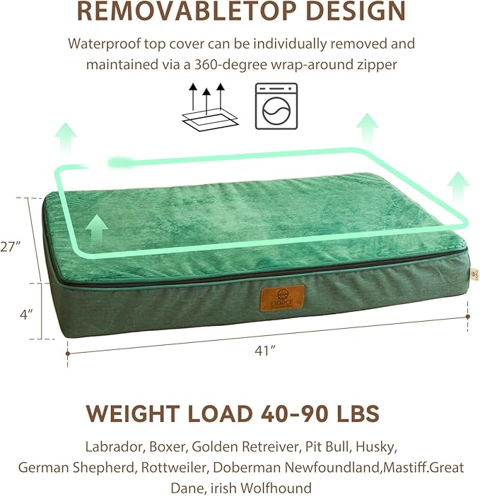 LIORCE Memory Foam XL Dog Bed - 4” Thick Orthopedic Beds for Extra Large Dogs - Waterproof Dog Bed with Removable Washable Cover & Wrap-Around Zipper - Ultimate Comfort and Easy Maintenance, Green