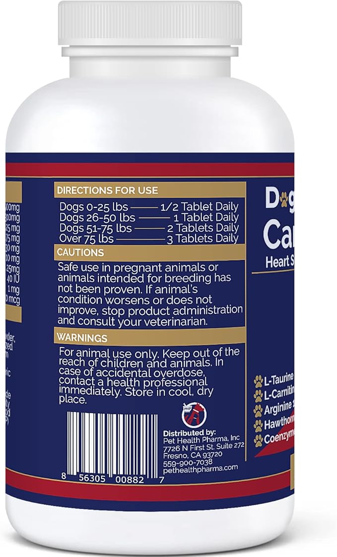 Cardio Tabs Heart Support Supplement for Dogs - Aids Cardio Support and Cardio Strength Supplement for Dog, L-Taurine, L-Carnitine, Hawthorn, L Arginine, Coenzyme Q10 - Made in USA - 120 Tablet