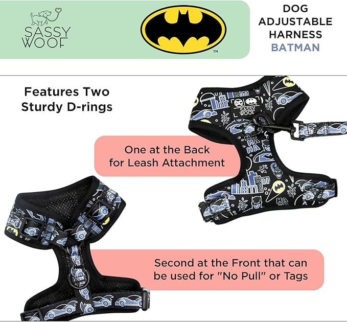 Sassy Woof Dog Adjustable Harness - Batman™ - S, Breathable Mesh, No Pull Design with Two D-Rings, Patented Design, Perfect for Small Dogs and Puppies - Officially Licensed