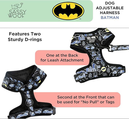 Sassy Woof Dog Adjustable Harness - Batman™ - S, Breathable Mesh, No Pull Design with Two D-Rings, Patented Design, Perfect for Small Dogs and Puppies - Officially Licensed