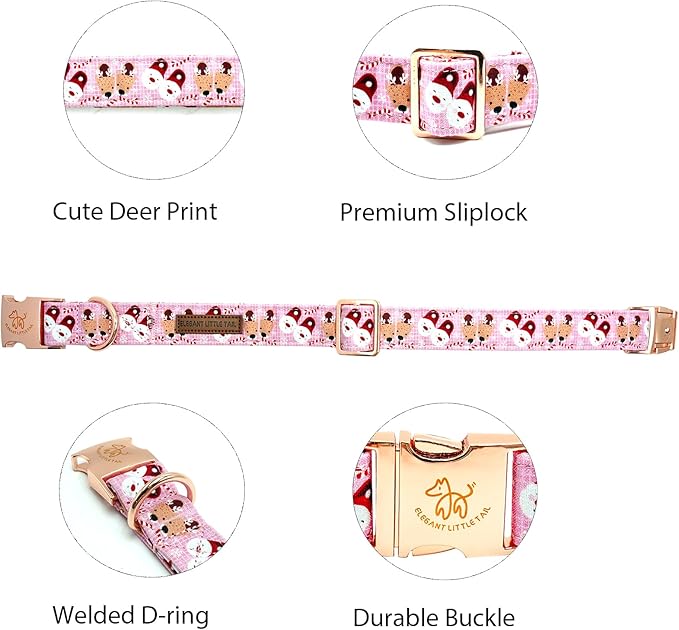 Elegant little tail Christmas Dog Collar, Pink Deer Print Pet Collar Dog Durable Cute Dog Collars Winter Holiday Male or Female Pet Gift Adjustable Dog Collar for X-Small Puppy