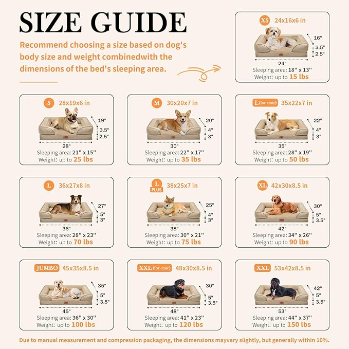 Comfort Expression Orthopedic Dog Bed for Medium Dogs 28x19 Inch, Waterproof Egg Crate Foam Medium Pet Bed with Removable Bolsters, Dog Couch with Washable Cover & Non-Slip Bottom, Light Brown