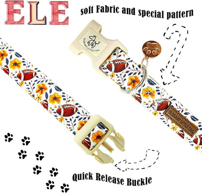 Elegant little tail Fall Dog Collar, Rugby with Flower Print Autumn Pet Collars Dog Cotton Soft Sturdy Puppy Collars Holiday Female Adjustable Collar for Medium Dogs