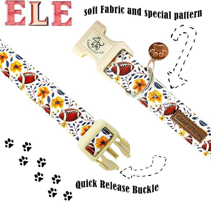 Elegant little tail Fall Dog Collar, Rugby with Flower Print Autumn Pet Collars Dog Cotton Soft Sturdy Puppy Collars Holiday Female Adjustable Collar for Small Dogs