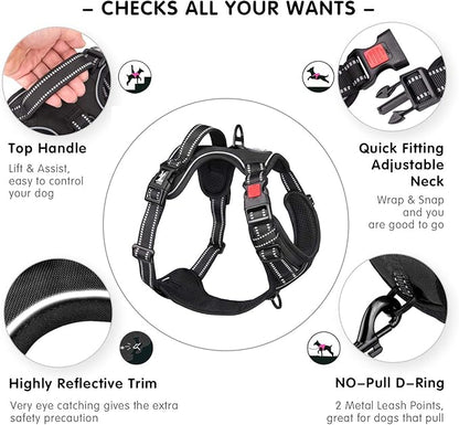 PoyPet Dog Harness No Pull, Reflective Vest Harness with Front & Back 2 Clips and Easy Control Handle for Small Medium Large Breed Dog (Large, Black)