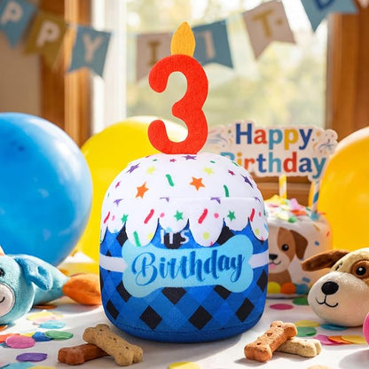 Dog 3rd Birthday Cake Toy Accessories for Girl Boy Gifts, Blue Grid Squeaky Plush Toy for Dog Birthday Party Decor Favor for Large, Medium and Small Dogs