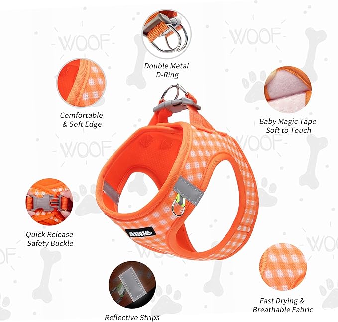 AIITLE Adjustable Dog Vest Harness Set – No-Pull Design, Plaid Print & Reflective Safety– Fits Poodles, Shih Tzus & Medium-Sized Dogs up to 38lbs (M, Orange)