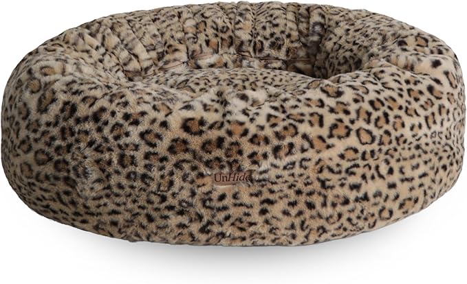 UnHide Floof Pet Bed - XL (40"x14") - Extra Soft Dog Bed - Removable Faux Fur Cover - Machine Washable - Helps Ease Pet Anxiety & Provides The Perfect Sleep - Leopard