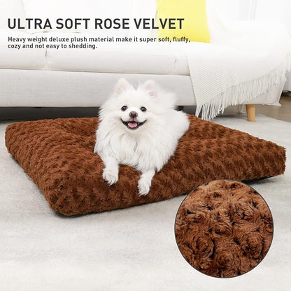 KSIIA Washable Dog Bed Deluxe Plush Dog Crate Beds Comfy Kennel Pad Anti-Slip Pet Sleeping Mat for Large, Jumbo, Medium, Small Dogs Breeds, 29" x 21", Brown