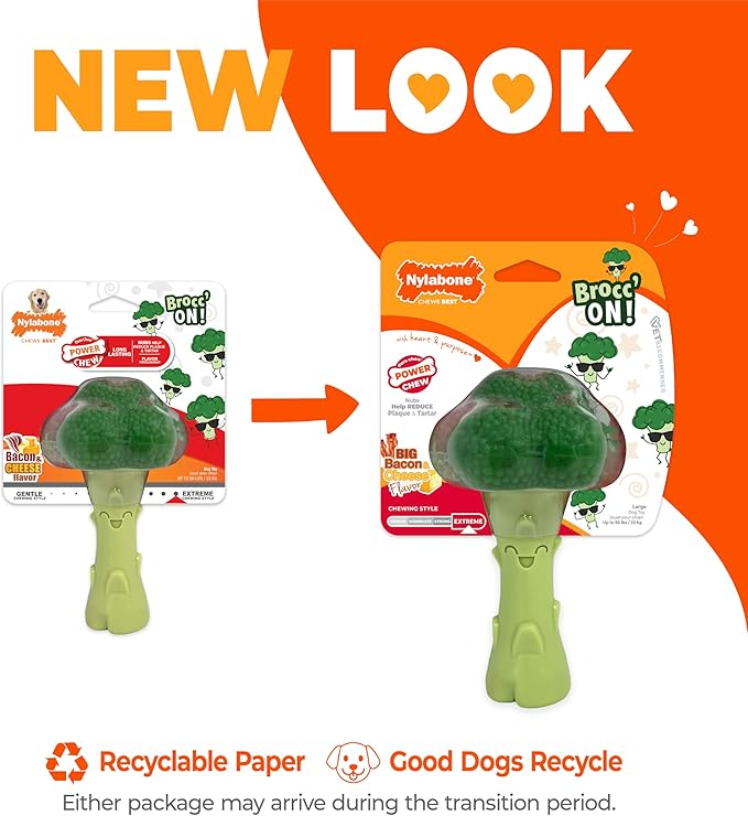 Nylabone Broccoli Power Chew Toy for Dogs, Dog Toys for Aggressive Chewers, Bacon & Cheese Flavor, Large Dogs - Up to 50 lbs, 1 Count