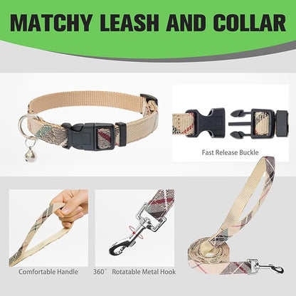 EXPAWLORER Plaid Small Dog Harness and Leash Set with AirTag Holder - Soft Padded Step in Dog Vest Harness Medium Sized Dog, No Pull Reflective Puppy Harness, Collar and Leash for Walking, Khaki XS