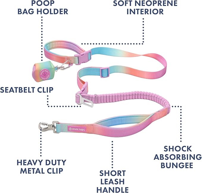 Spark Paws Handsfree Dog Leash – Shock Absorbing Waist Bungee Lead for Running, Car Seatbelt Clip & Poop Bag Set, Heavy Duty Tactical Lead for Medium, Large & X-Large Breeds - Pastel Icing