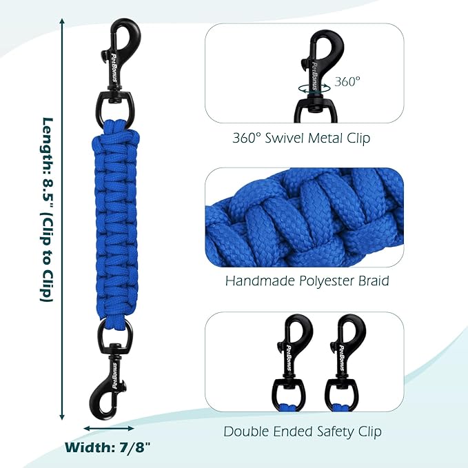 PetBonus Dog Collar Safety Clip, Handmade Backup Safety Strap for Dog Harness, Prong, Pinch Collar, Double Ended Clasp Leash Connector (Blue)