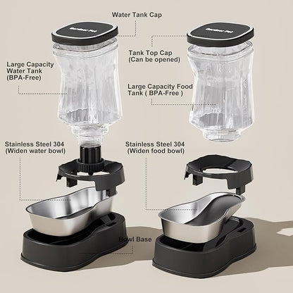 Automatic Pets Gravity Feeder and Water Dispenser Set with Stainless Steel Bowl, 1Gallon x 2 Stable Dog Food Feeder and Waterer, 100% BPA-Free for Small&Medium Dogs, Cats, Puppies(Black)