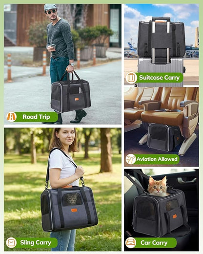 Morpilot Cat Carrier - Cat Carrier Soft for Small or Medium Cats up to 16lbs, with Sided Cushion, Secure Buckle and Foldable Bowl, Dog Carriers for Small Dogs (Dark Gray)