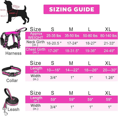 WINSEE Pet Harness Collar and Leash Set, All-in-one Reflective Dog Harness No Pull with Adjustable Buckles for Puppies, Small, Medium, Large, and Extra-Large Dogs (Large, Rosy)