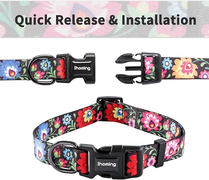 Ihoming Dog Collar and Leash Set for Daily Outdoor Walking Running Training, Black Colorful Flowers Design for Large Boys Girls Dogs Cats Pets, L-Up to 80LBS