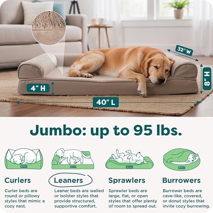 Furhaven Cooling Gel Dog Bed for Large Dogs w/ Removable Bolsters & Washable Cover, For Dogs Up to 95 lbs - Plush & Suede Sofa - Almondine, Jumbo/XL