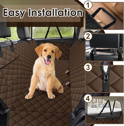 NECKORY Waterproof Dog Car Seat Cover for Back Seat - Durable, Scratch Proof Pet Hammock with Nonslip Design & Storage Pockets, Fits Cars, SUVs, Trucks - L, Coffee/Black