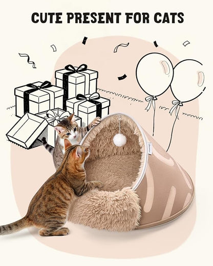 BurgeonNest 20-Inch Round Cat Bed Cave, Enclosed Hooded Pet Bed for Indoor Cats, Cozy Anti-Collapse Cave with Soft Plush, Waterproof EVA Shell, Fully Washable, Shape Retention, Brown