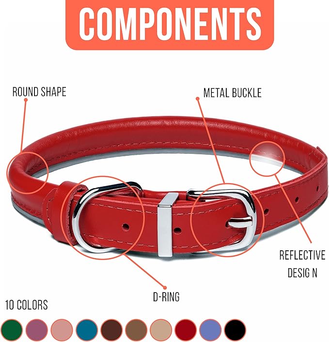 OOPSDOGGY Rolled Leather Dog Collar Reflective Roll Collars for Small Medium Large Dogs Puppy (Red, M, 12''- 15'')