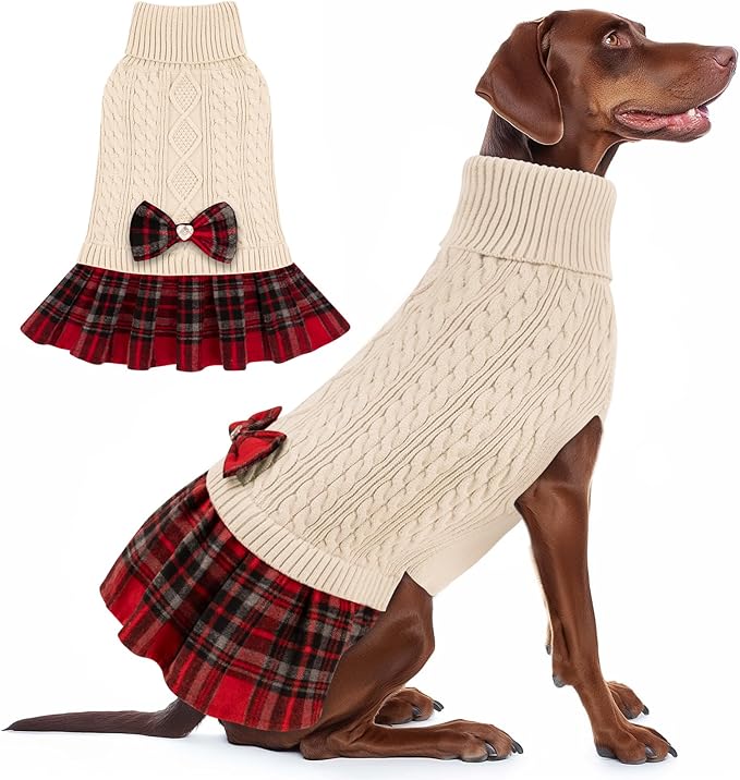 KYEESE Dog Sweater Stretchy Dogs Clothes Soft Turtleneck Pet Sweater Dress Pet Coats with Bowtie Thick Knitwear Warm Pullover Dog Sweaters for Medium Dogs Girl for Cold Weather Winter