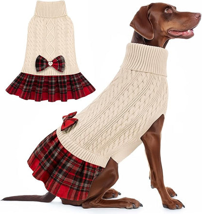 KYEESE Dog Sweater Stretchy Dogs Clothes Soft Turtleneck Pet Sweater Dress Pet Coats with Bowtie Thick Knitwear Warm Pullover Dog Sweaters for Medium Dogs Girl for Cold Weather Winter