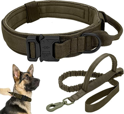 Tactical Dog Collar Leash Set, Adjustable Military Training Nylon Collar Dog Training with Control Handleand Metal Buckle, Dog Collar for Medium Large Dogs (Green,L)