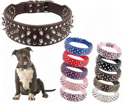 Hoot PU Leather Adjustable Spiked Studded Dog Collar 2" Wide 37 Spikes (M(Neck 19"-22"), Dark Brown)
