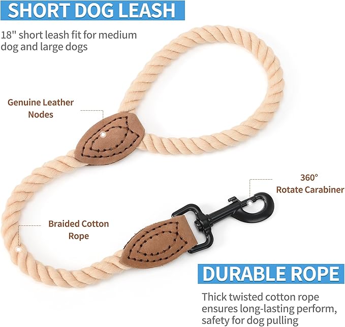 Mile High Life Short Dog Leash, Braided Cotton Rope Leashes with Leather Tip - Heavy Duty Metal Clasp, 18IN, 1/2" Thick - Wedding, Walking & Training Leash for Medium Large Dogs