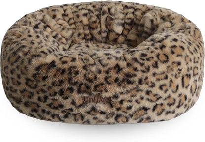UnHide Floof Pet Bed - Small (23" x 8") - Extra Soft Dog Bed - Removable Faux Fur Cover - Machine Washable - Helps Ease Pet Anxiety & Provides The Perfect Sleep - Leopard