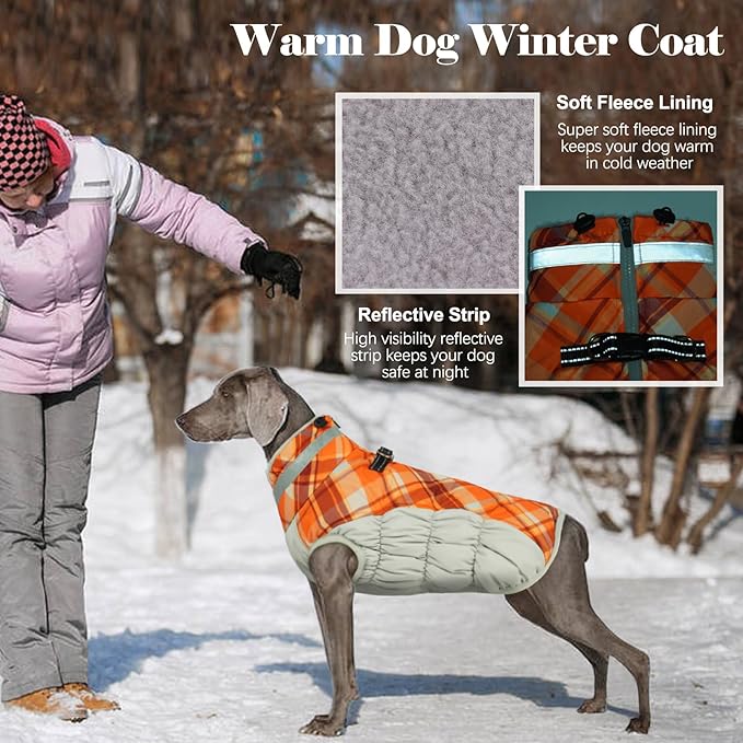 Lelepet Warm Dog Winter Coat Dog Coats for Medium Dogs Waterproof Dogs Jacket with Harness Built in Reflective Cold Weather Coats Windproof Zip-Up Winter Fleece Vest Snowsuit Dachshund Orange Plaid
