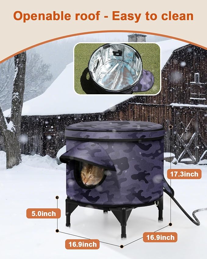 Heated Cat House for Outdoor in Winter, Metal Frame Cat Bed Kitty Shelter with Heating Pad, Insulated & Safe Escape Door & Weatherproof, Warm Home for Outside Stray Cat (Black camo, 16.9"x16.9")