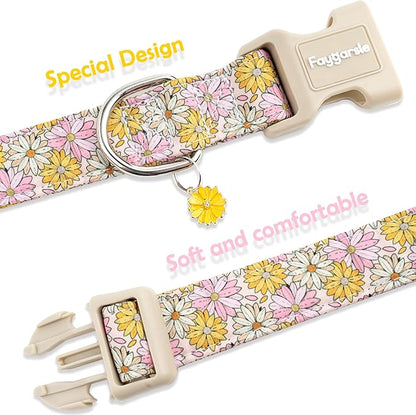 Faygarsle Floral Girl Dog Collar, Cotton Fabric with Daisies Pattern, Pink and Yellow Summer Spring Design for Small Medium Large Dogs M