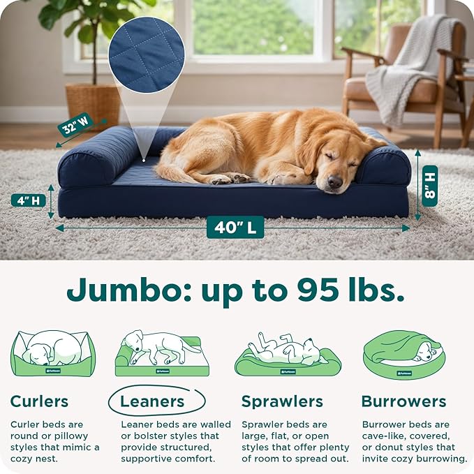 Furhaven Orthopedic Dog Bed for Large Dogs w/ Removable Bolsters & Washable Cover, For Dogs Up to 95 lbs - Quilted Sofa - Navy (Blue), Jumbo/XL