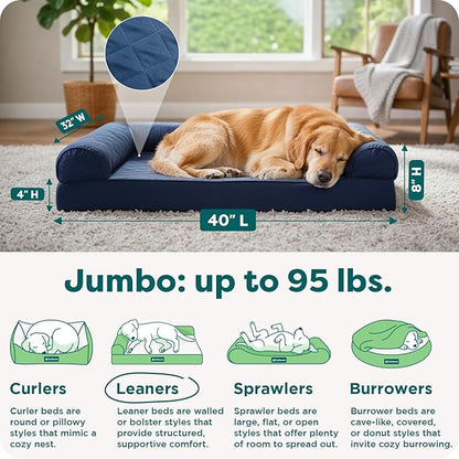 Furhaven Orthopedic Dog Bed for Large Dogs w/ Removable Bolsters & Washable Cover, For Dogs Up to 95 lbs - Quilted Sofa - Navy (Blue), Jumbo/XL