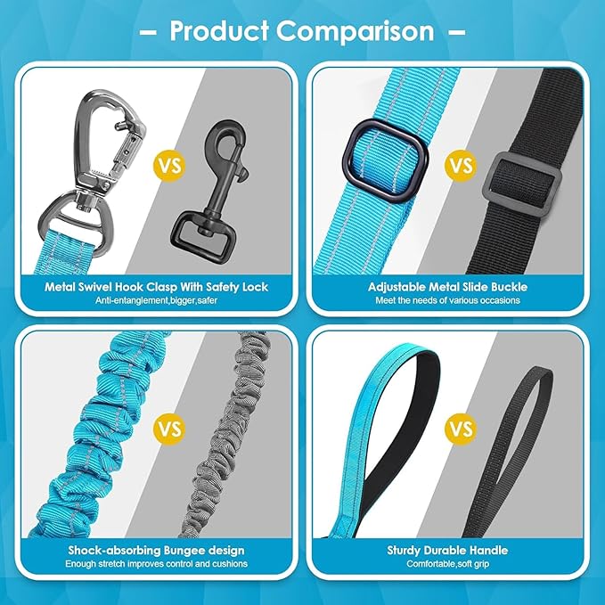AUBELL Tactical Dog Leash Heavy Duty,4-6ft Reflective Strong No Pull Bungee Leash for Medium Large Dogs with Comfortable Padded Double Handle,Car Seat Belt,360 Degree Rotating Carabiner,Blue