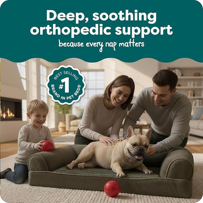 FurHaven Classic Soft Sofa Orthopedic Dog Bed for Medium Dogs, with Egg Crate with a Solid Orthopedic Foam Base for Joint Support, Removable Washable Cover, Medium, Faux Fur & Velvet, Dark Sage