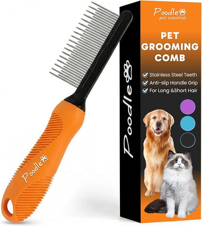 Poodle Grooming Comb - Metal Dematting Comb with Long & Short Stainless Steel Teeth for Removing Matted Hair & Knots, Safe and Gentle for Dogs & Cats (Orange)