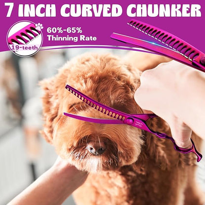 JASON Dog Grooming Scissors Set - Professional 6 in 1 Dog Shears Set - 7" Curved Chunker, 7" Straight, 7" Up-Curved, 7" Down-curved Scissors and Comb for Dog Cat Pet with Adjustable Screw