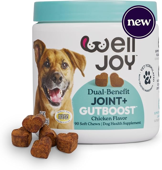 New! WellJoy Dog Supplement Joint+ GutBoost | Dog Health Supplement | Supports Healthy Flexible Joints | Dual-Benefit GutBoost Formulation | Vet Formulated | USA Made | Chicken Flavor | 90 Soft Chews
