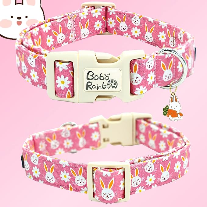 Easter Dog Collar-Cute Rabbit Adjustable Pet Collar Soft Pink Holiday Puppy Collar Comfortable Cotton Necklace Gift for X-Small Dogs