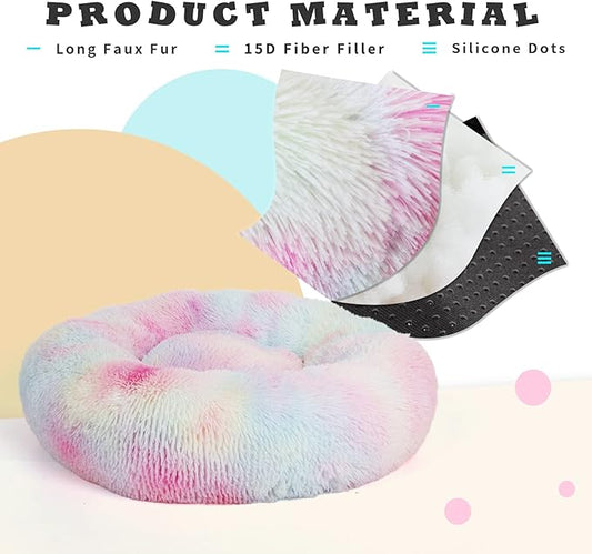 Calming Dog Bed for Medium Dogs Washable Donut 30 inches Anti-Slip Pet Bed,Round Fluffy Plush Faux Fur Cat Bed,Fits up to 45 lbs Pets,Multi Colored