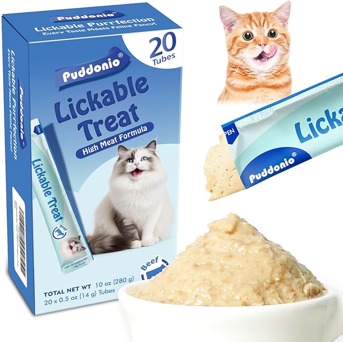 Puddonio High-Meat Lickable Cat Treats, Grain & Gum Free, No Additives, All-Natural High Protein Puree, 0.5oz Tubes (Pack of 20)