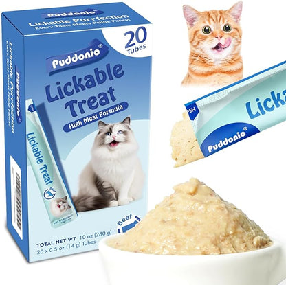 Puddonio High-Meat Lickable Cat Treats, Grain & Gum Free, No Additives, All-Natural High Protein Puree, 0.5oz Tubes (Pack of 20)